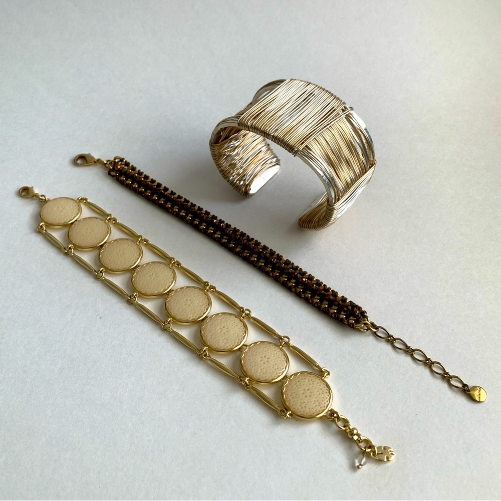 Gold & Silver Bracelet Lot 3 Pieces Cuff Medallion Beaded Wrap - Picture 3 of 17